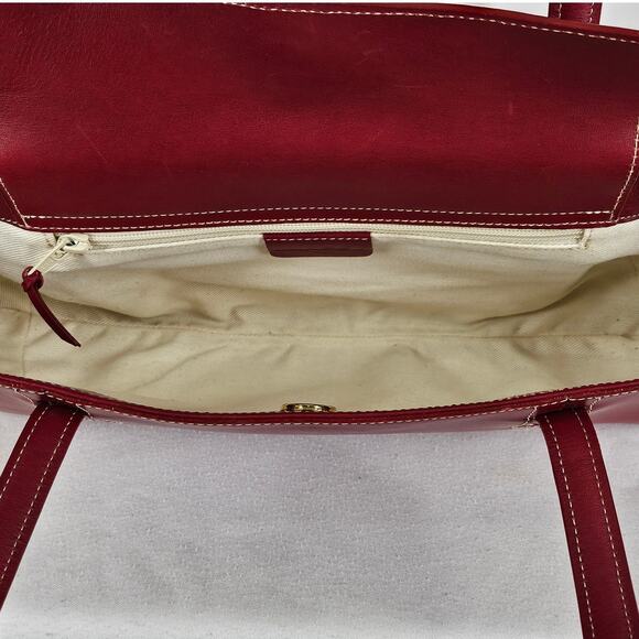 LANCEL WOMEN'S RED LEATHER - CREAM LINER TOP HANDLE HANDBAG W/ DUST BAG 15" x 7" - Picture 7 of 16